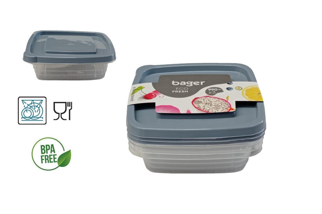 Ensemble de 3 boîtes de rangement carrées 990 ml – Eco-Fresh