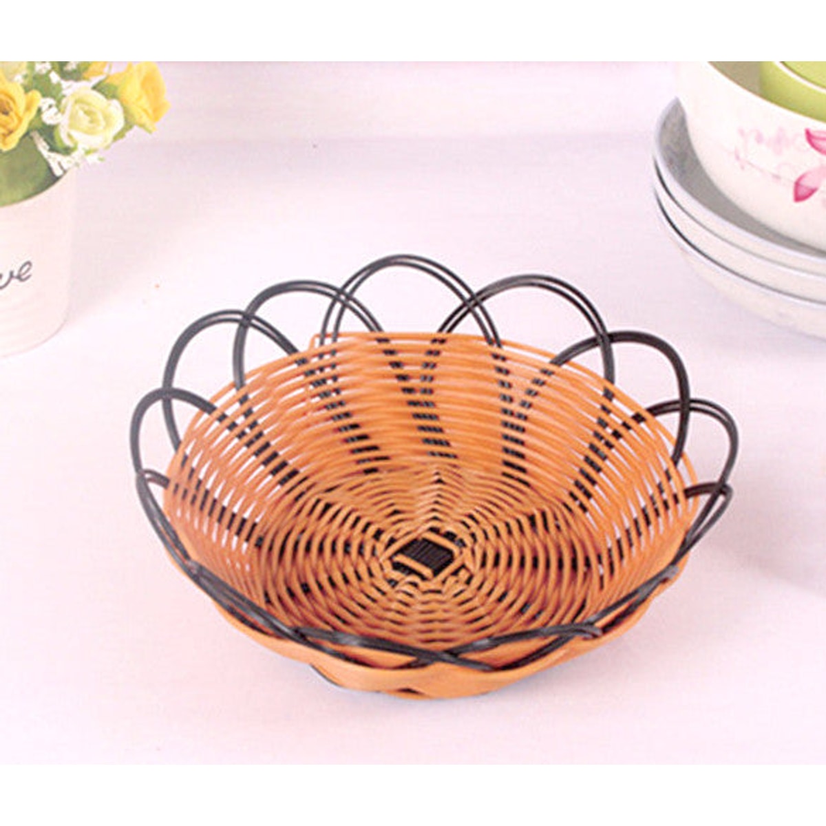 Panier en plastique, tressé, JAUNE-NOIR