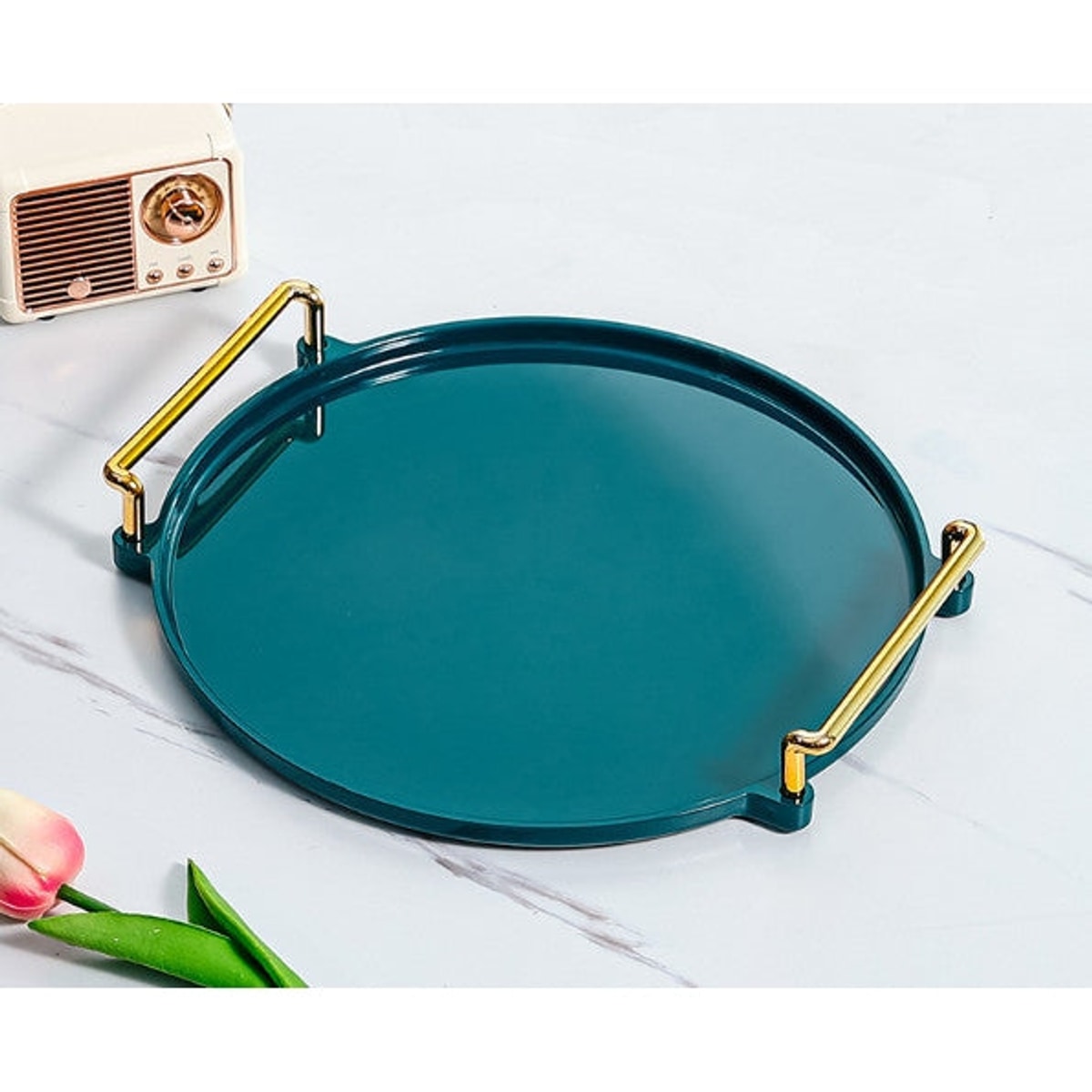 Plateau rond en acrylique VERT avec poignées dorées