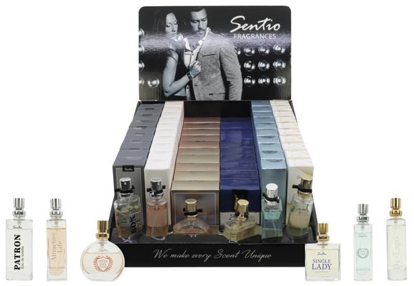 Parfum Sentio 15ml Présentoir-1, 60 pièces, 6 couleurs assorties.