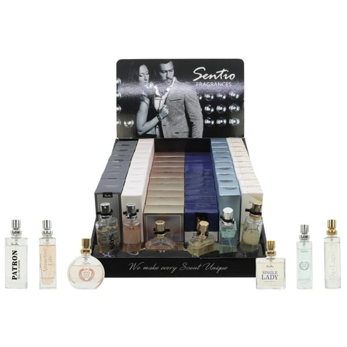 Parfum Sentio 15ml Présentoir-1, 60 pièces, 6 couleurs assorties.