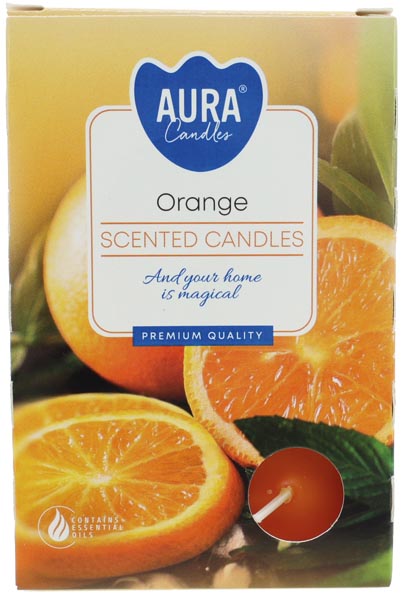 Bougies chauffe-plat parfumées, paquet de 6, couleur orange, dans une boîte pliante