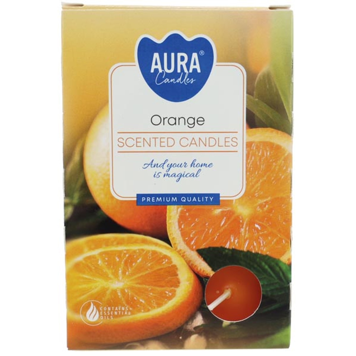 Bougies chauffe-plat parfumées, paquet de 6, couleur orange, dans une boîte pliante