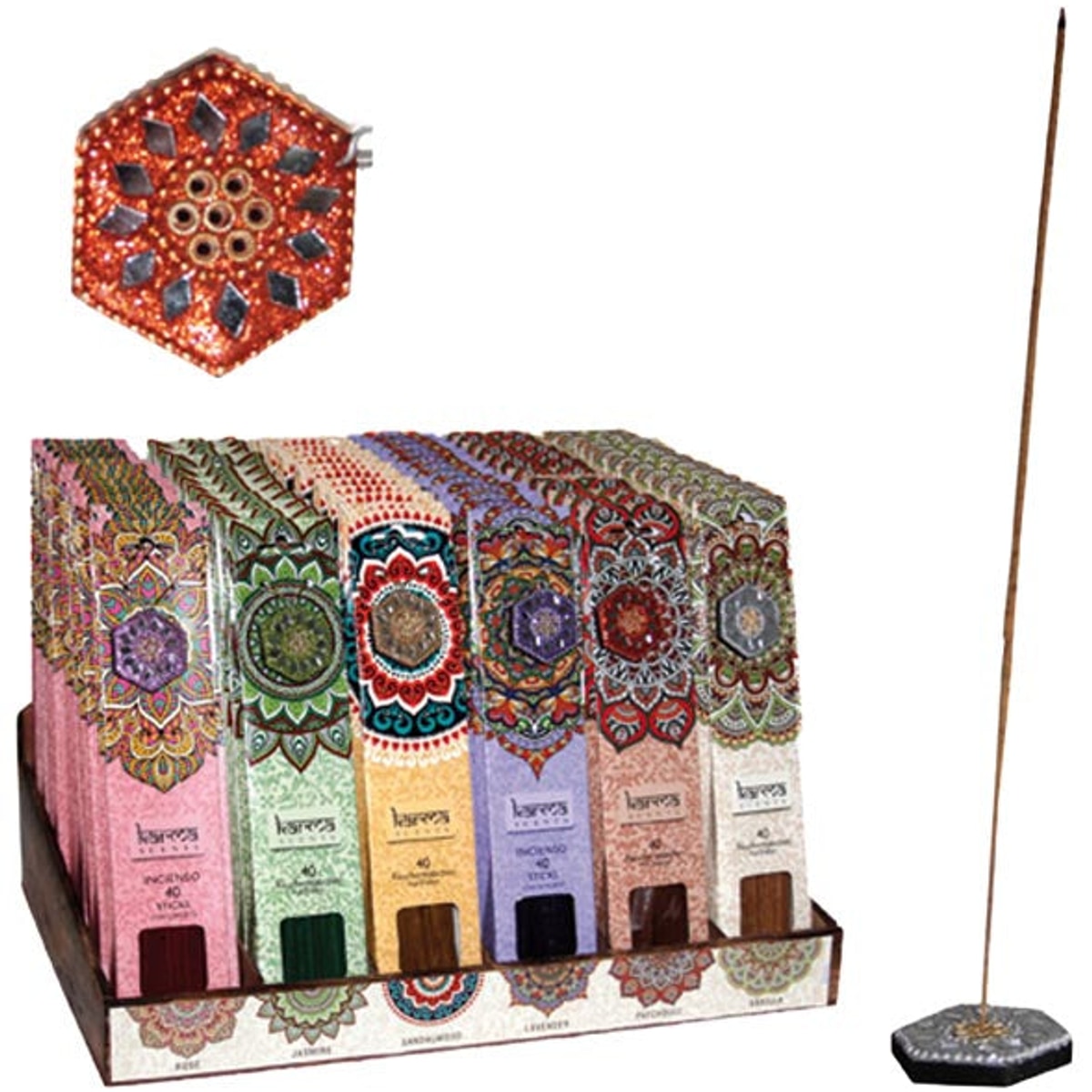 Bâtonnets d'encens, 40 pièces par paquet, 72 paquets dans une boîte présentoir.