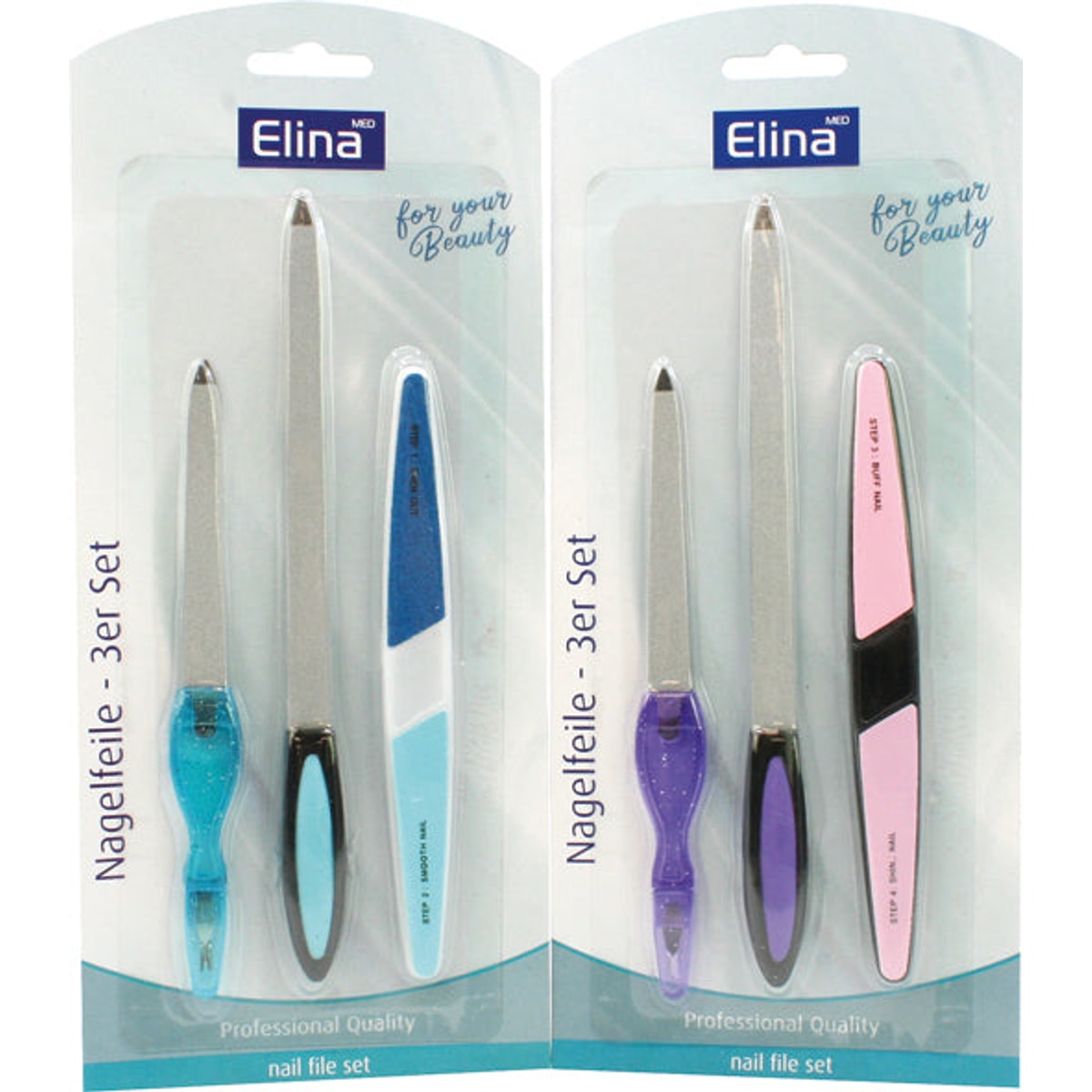 Ensemble de 3 limes à ongles Elina, 2 couleurs assorties. a.Carte