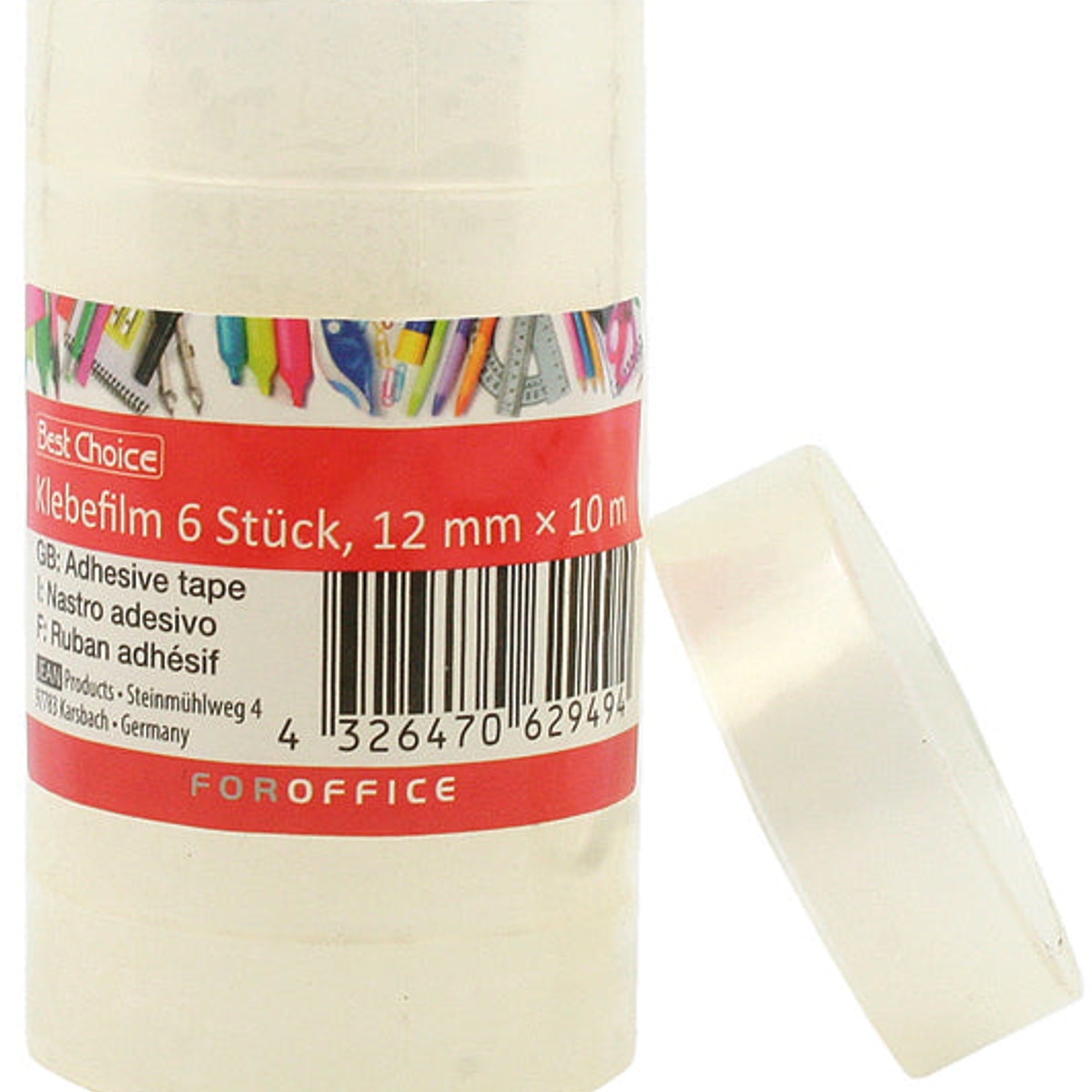 Film adhésif transparent, 6 rouleaux de 10 m x 12 mm chacun