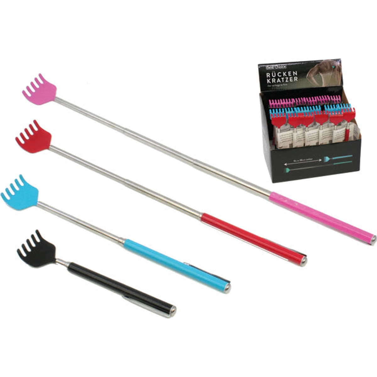 Gratte-dos, 14 cm extensible à 36 cm, 4 couleurs assorties.