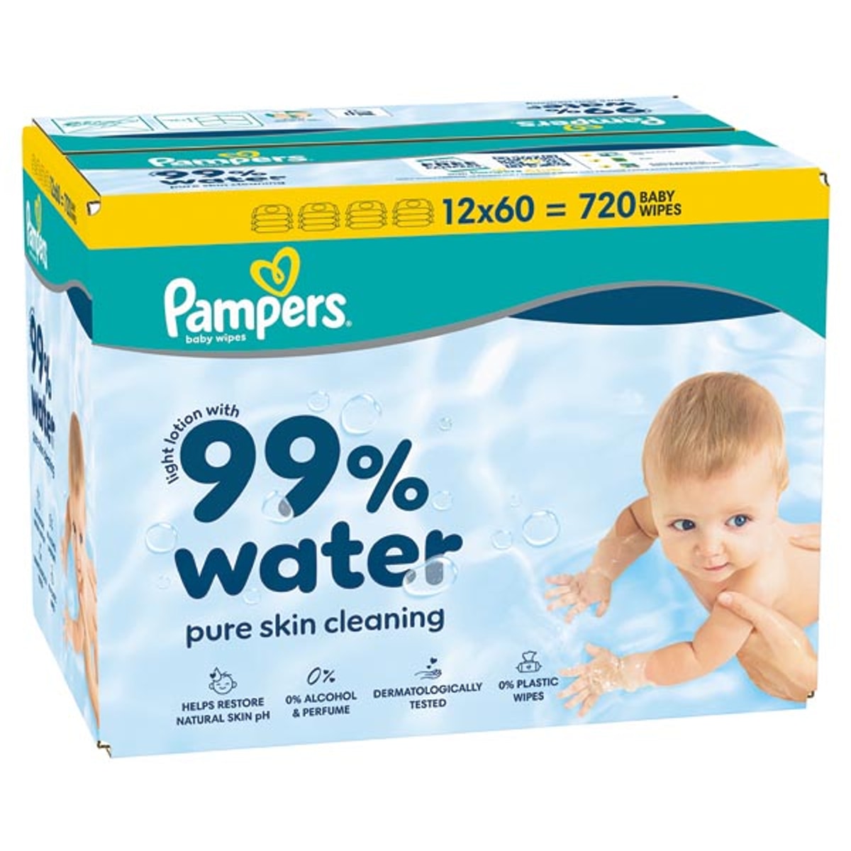 Lingettes pour bébé Pampers, 99 % d'eau, paquet de 12 x 60 lingettes