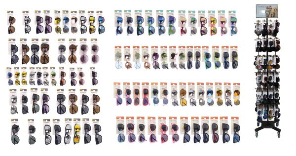 Présentoir de 288 lunettes de soleil, 40 couleurs assorties