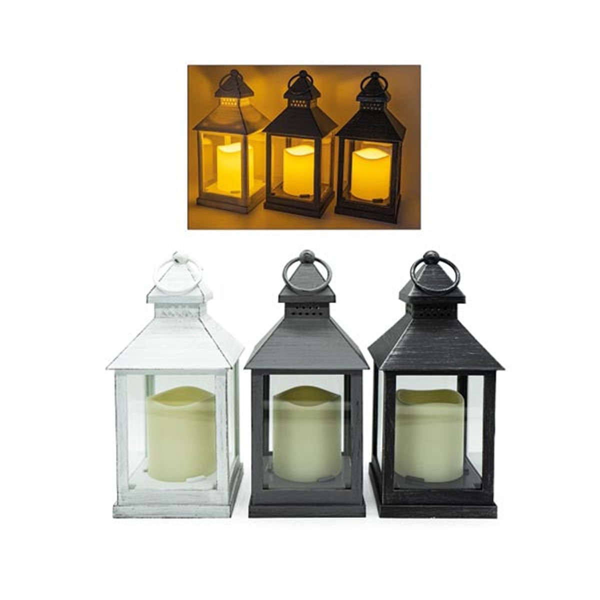 Lanterne LED, plastique/verre, L x l x H 10 x 10 x 24,5 cm