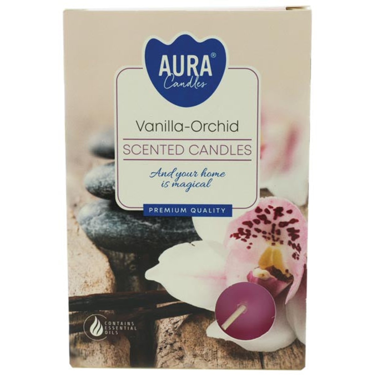 Bougies chauffe-plat parfumées à l'orchidée vanille, paquet de 6, dans une boîte pliable.