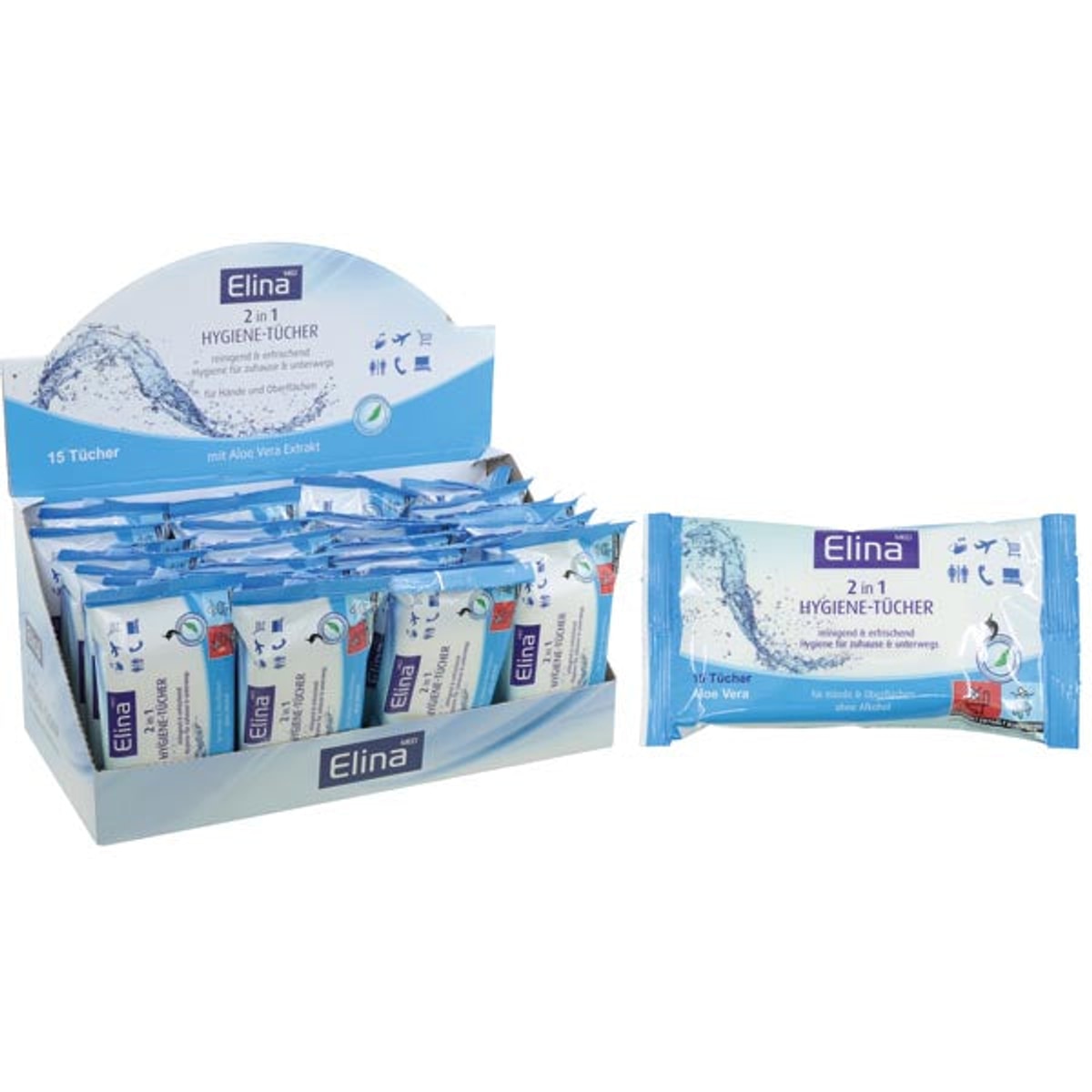 Lingettes hygiéniques, paquet de 15, Elina 2 en 1, 20 x 12 cm