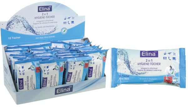 Lingettes hygiéniques, paquet de 15, Elina 2 en 1, 20 x 12 cm