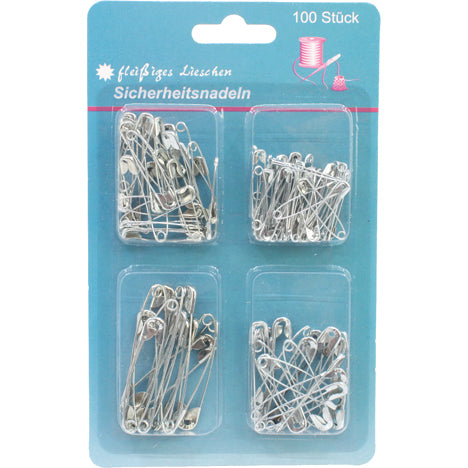 Épingles de sûreté, lot de 100, 4 tailles assorties, comme indiqué sur une carte.