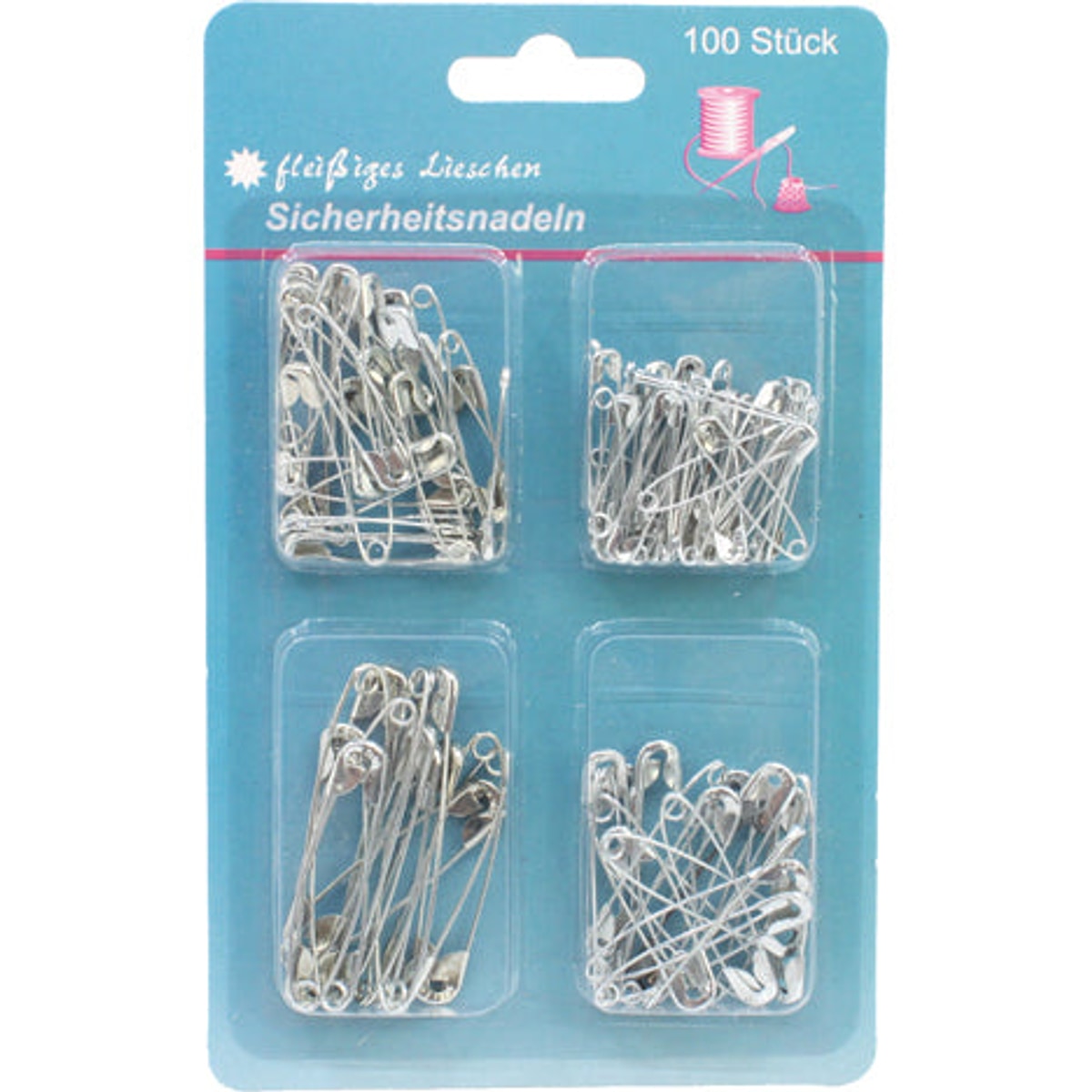 Épingles de sûreté, lot de 100, 4 tailles assorties, comme indiqué sur une carte.