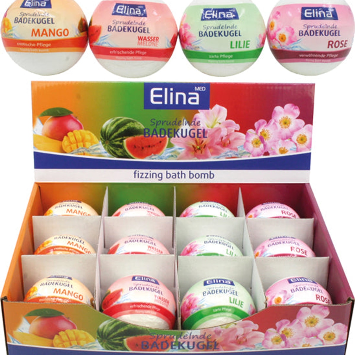Bombe de bain Elina 180 g, 4 couleurs assorties présentées