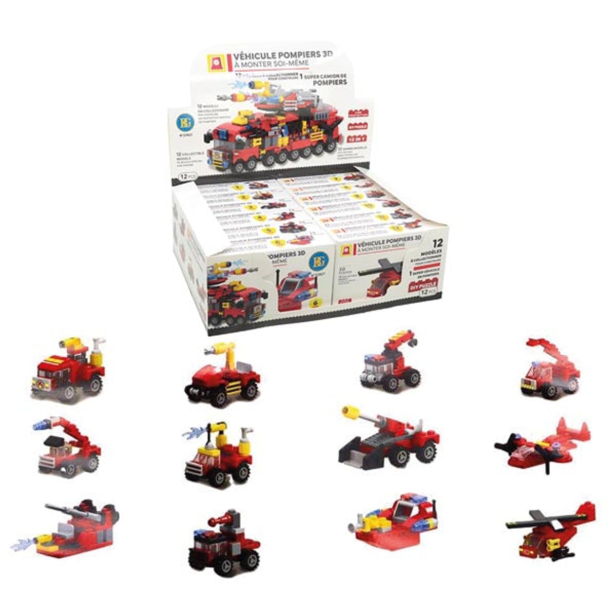 Blocs de construction exposés, pompiers, 11,5 cm, 12 modèles différents assortis.