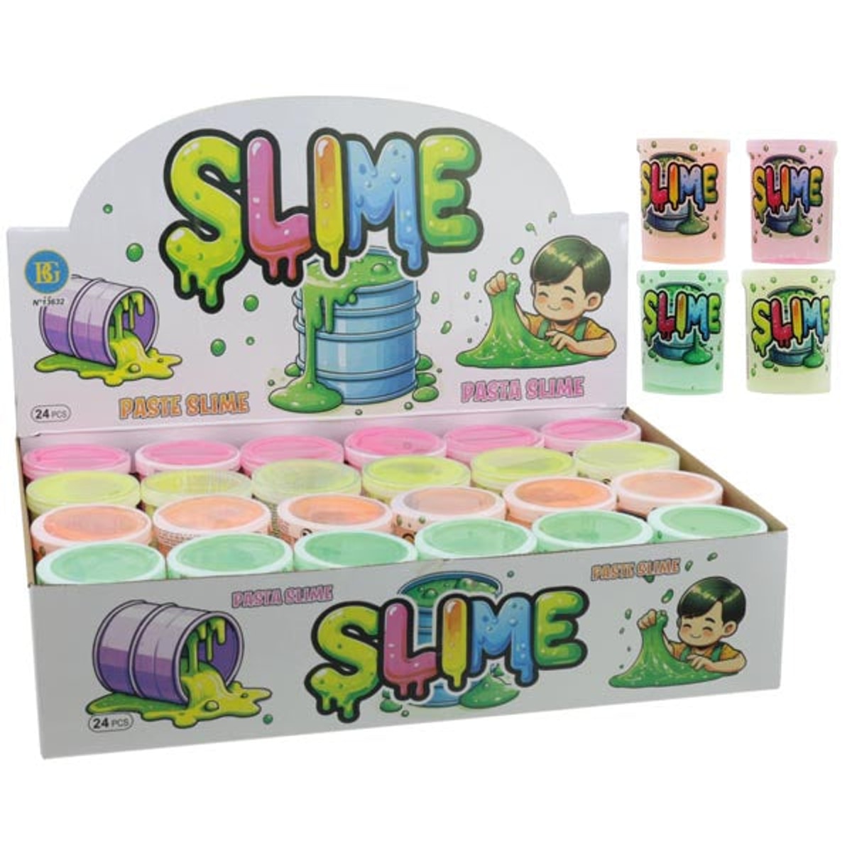 Slime 80 g en boîte cylindrique, couleurs assorties, dans une boîte présentoir