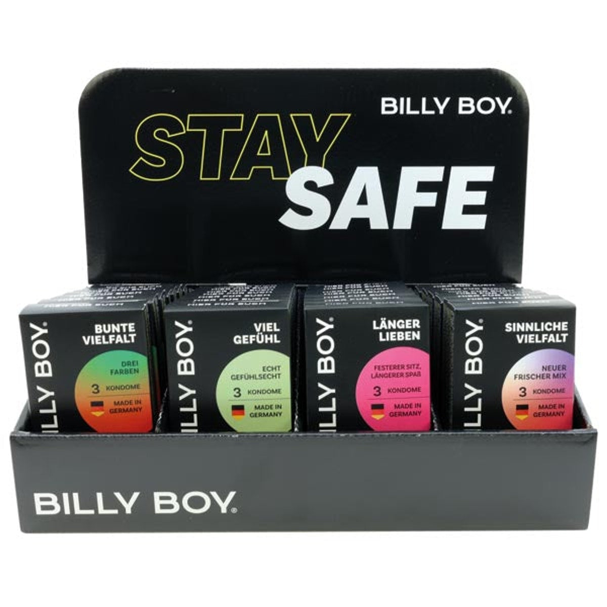 Préservatifs Billy Boy 3 en rayon, 4 assortis.
