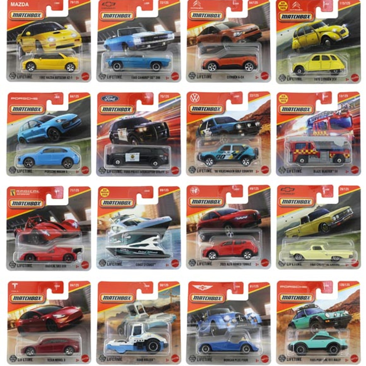 Voitures Matchbox, au moins 16 modèles assortis, en métal.