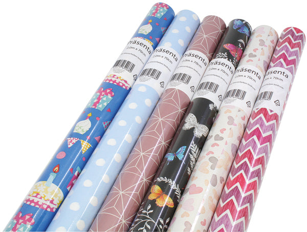 Rouleau de papier cadeau 2 m x 70 cm, motifs variés