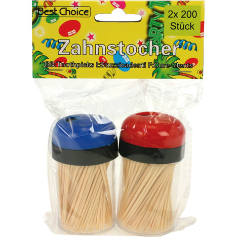 Cure-dents, 2 x 200 pièces en boîte distributrice, couleurs assorties.