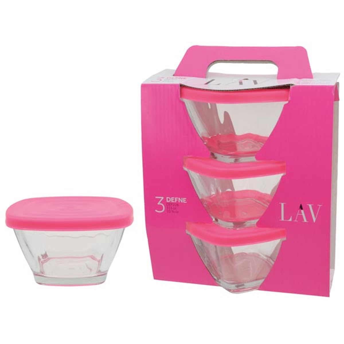 Bol en verre, 315 ml, avec couvercle rose, lot de 3