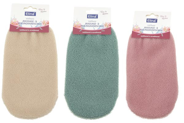 Gant de massage et d'exfoliation 21x11cm 3 couleurs assorties.