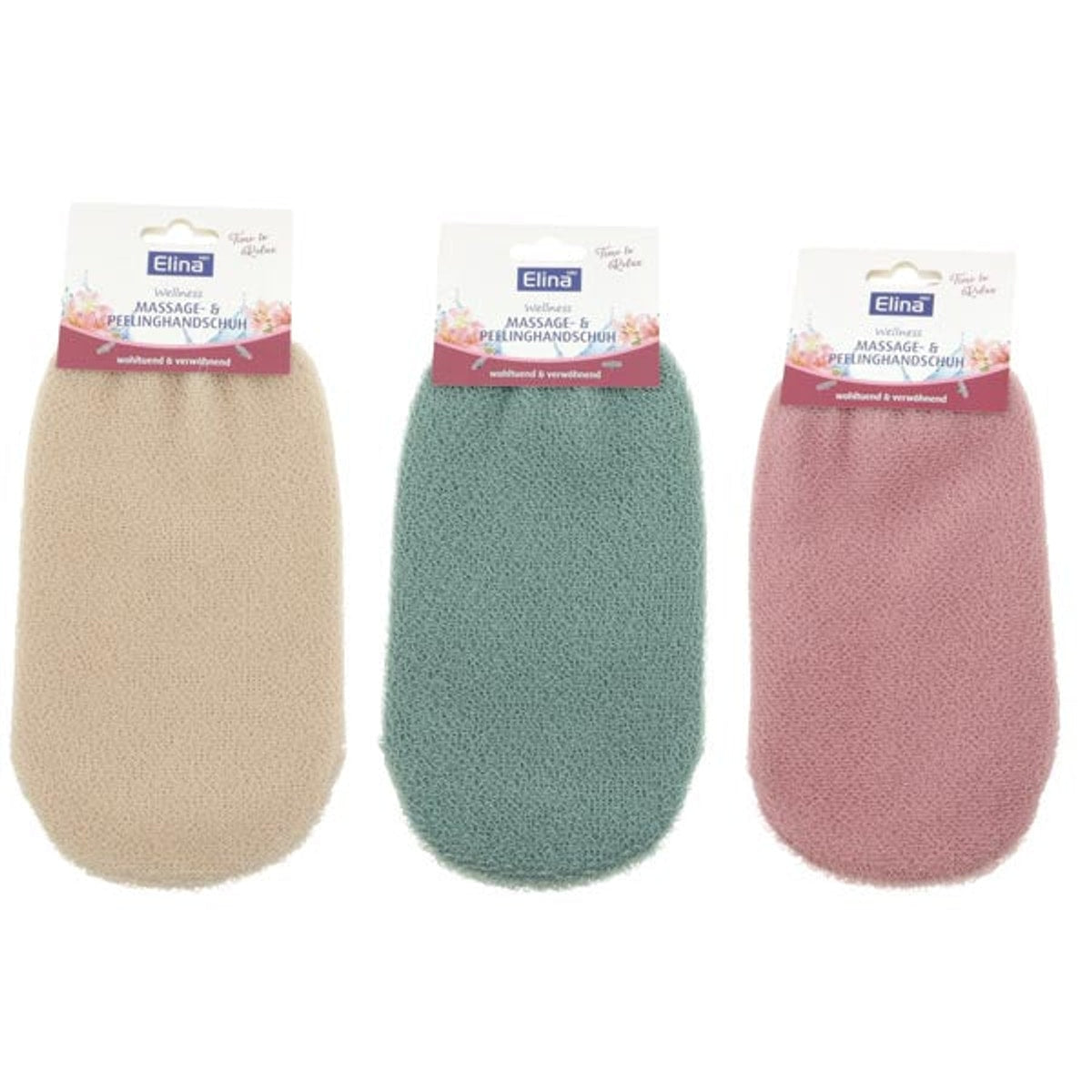 Gant de massage et d'exfoliation 21x11cm 3 couleurs assorties.