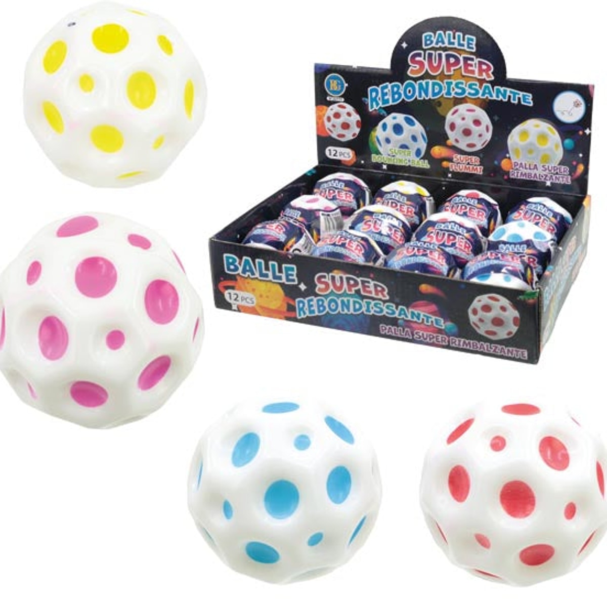 Boule à ressort super puissante de 60 mm, 4 couleurs assorties, présentée dans un présentoir