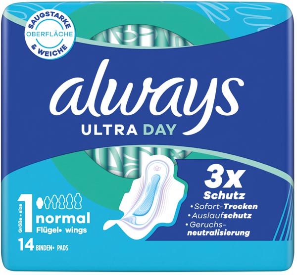 Serviettes hygiéniques Always Ultra Thin Normal avec ailettes, paquet de 14