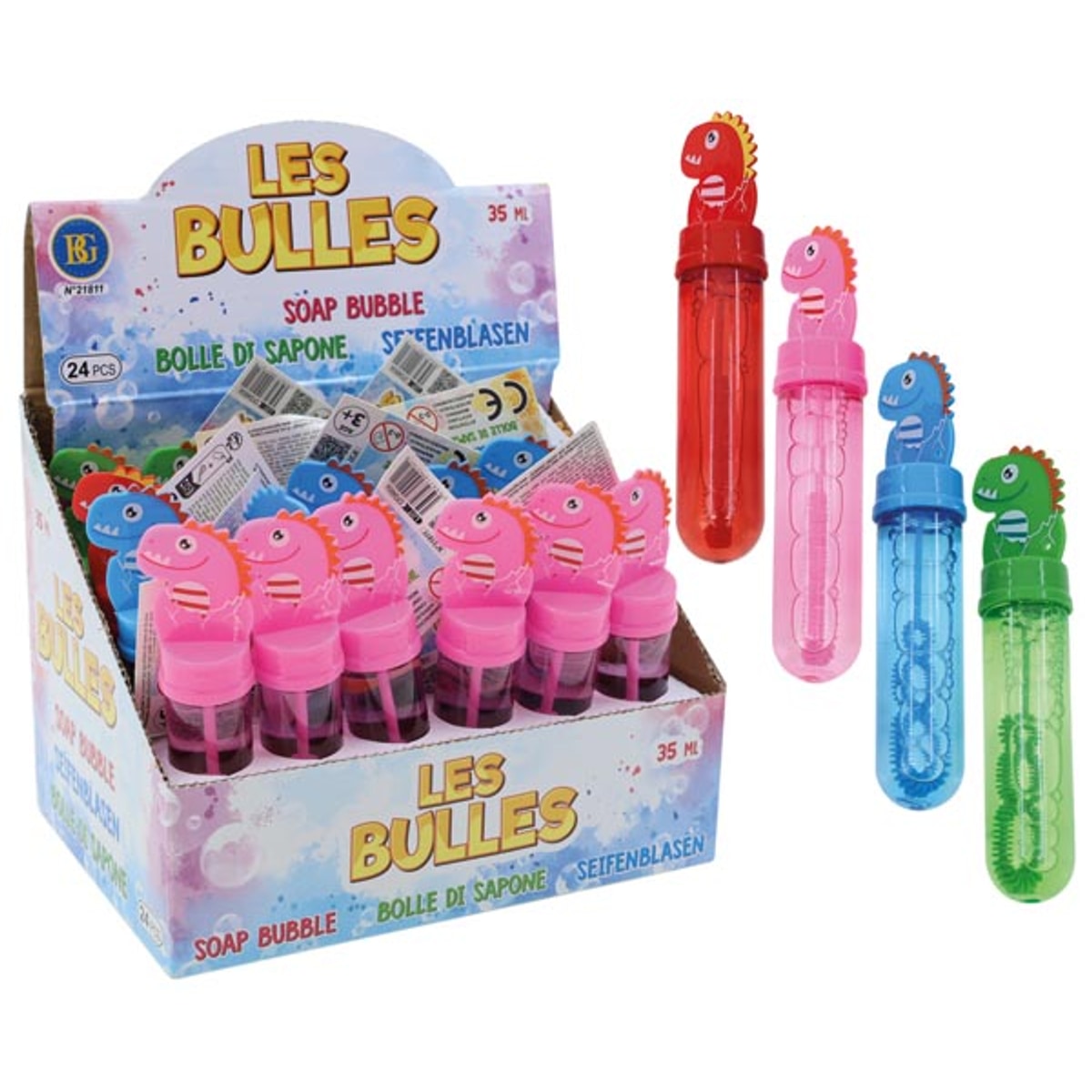 Présentoir de 24 bulles de savon Dino 35 ml 14 cm 4 couleurs