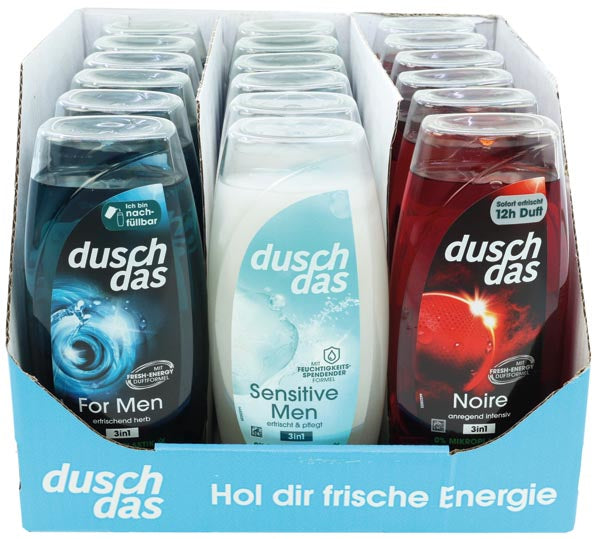 Duschdas 225 ml, carton de 18 flacons assortis, 4 couleurs différentes