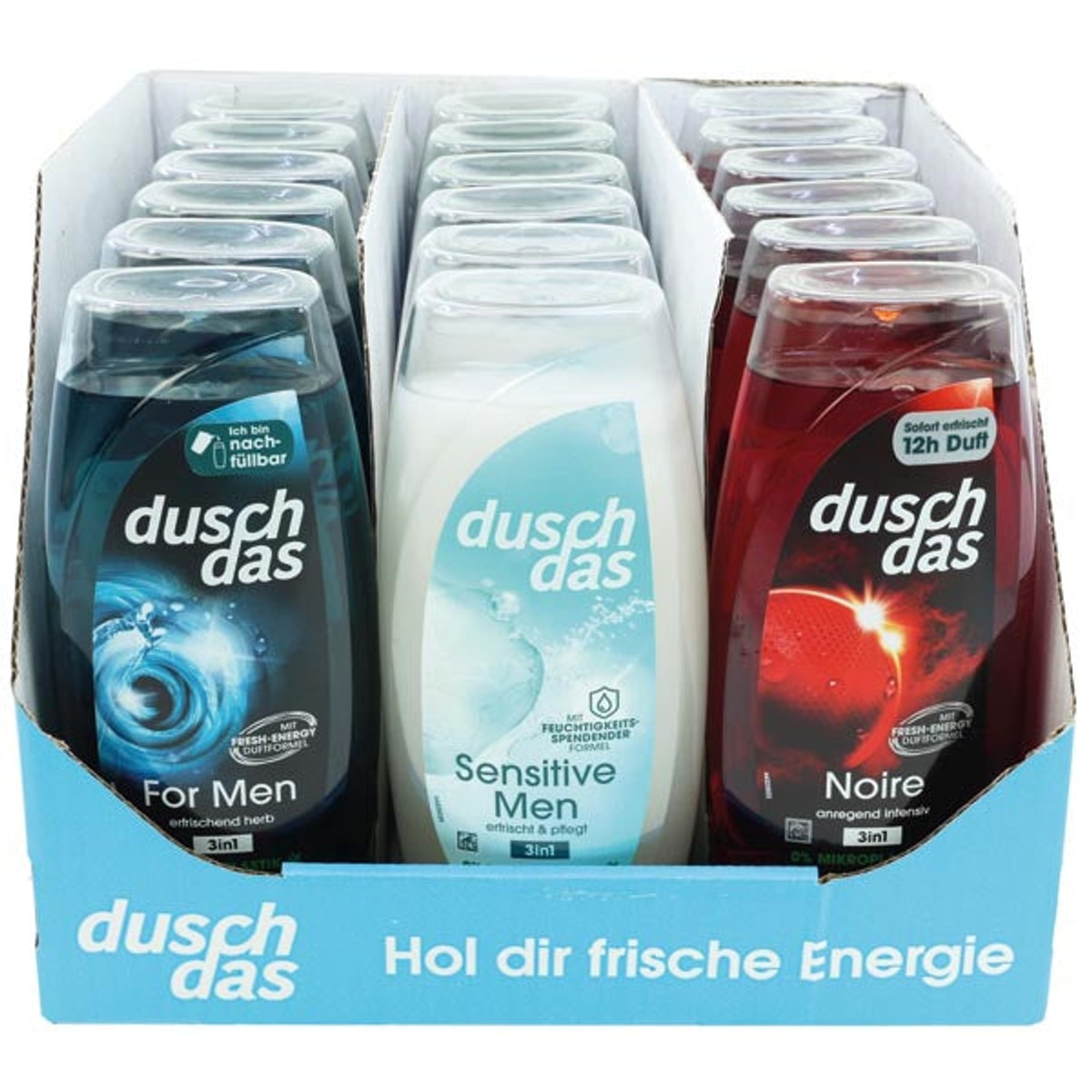 Duschdas 225 ml, carton de 18 flacons assortis, 4 couleurs différentes