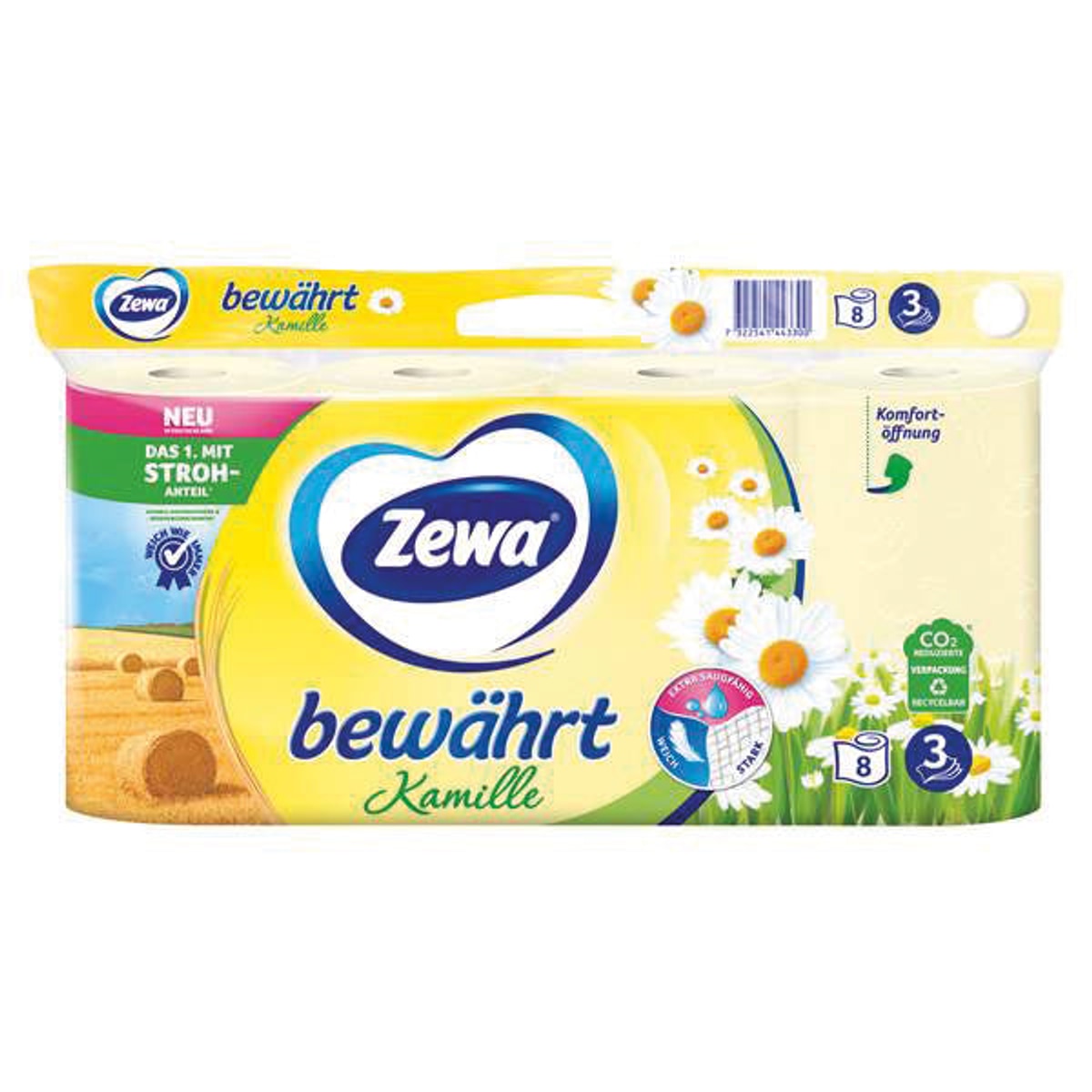 Papier toilette Zewa 3 plis, paquet de 8 x 150 feuilles, camomille