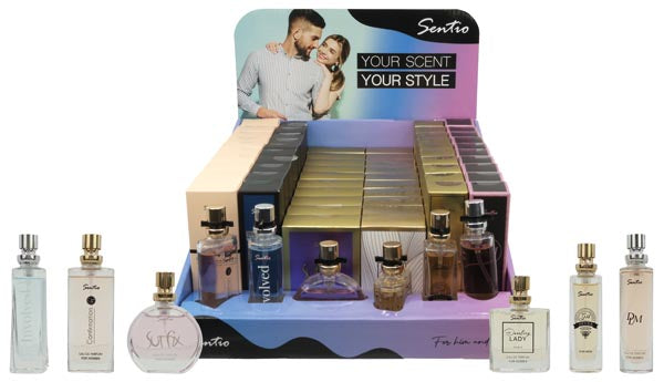 Parfum Sentio 15ml Présentoir-2, 60 pièces, 6 couleurs assorties.
