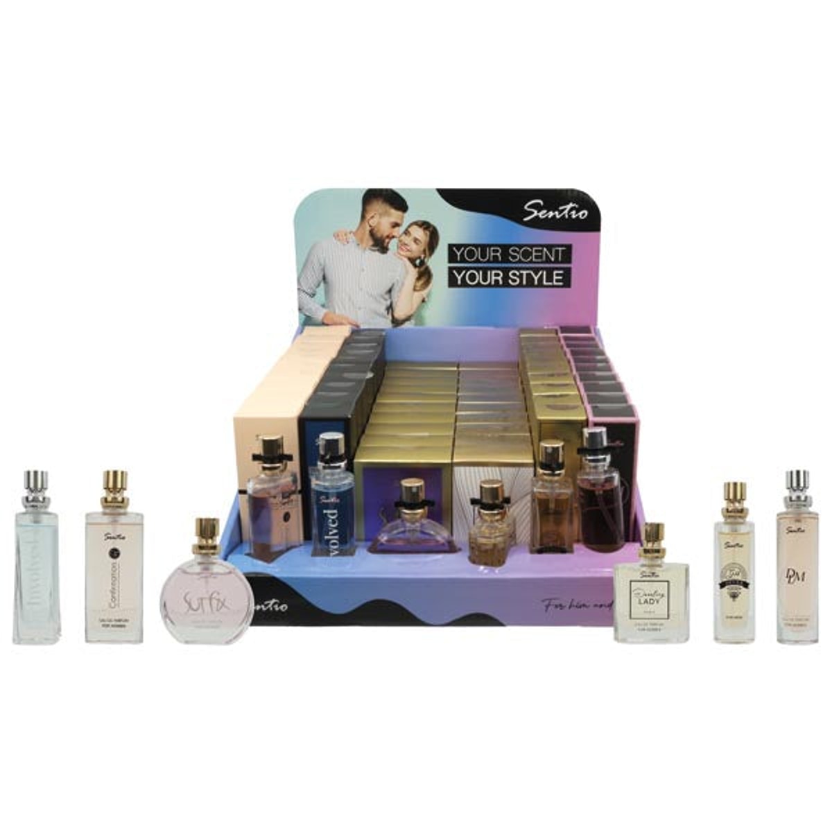 Parfum Sentio 15ml Présentoir-2, 60 pièces, 6 couleurs assorties.