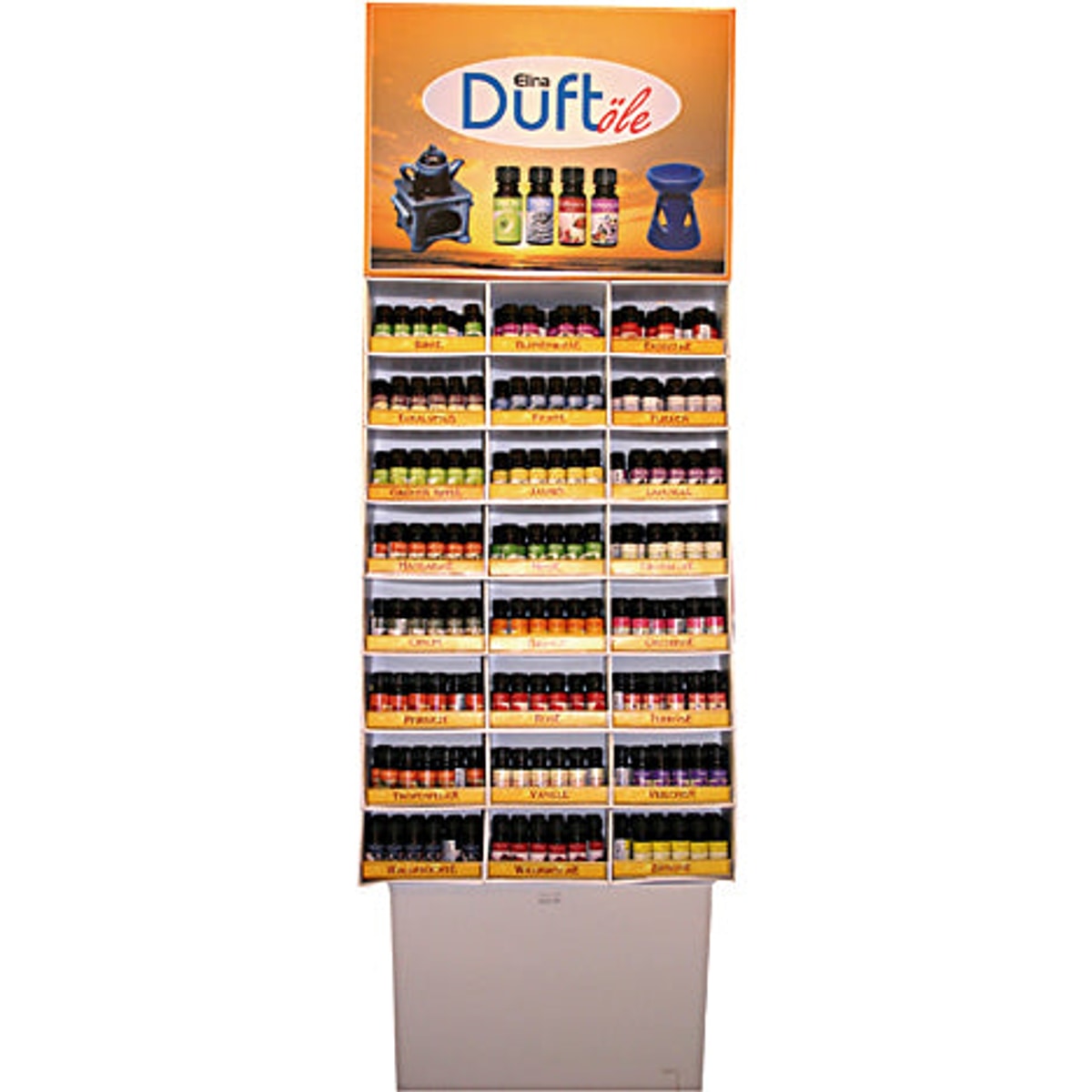 Présentoir d'huiles parfumées, 24 senteurs assorties, 18 flacons de 10 ml chacun.