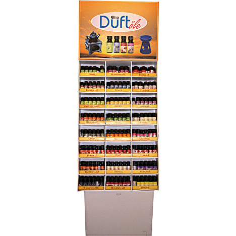 Présentoir d'huiles parfumées, 24 senteurs assorties, 18 flacons de 10 ml chacun.