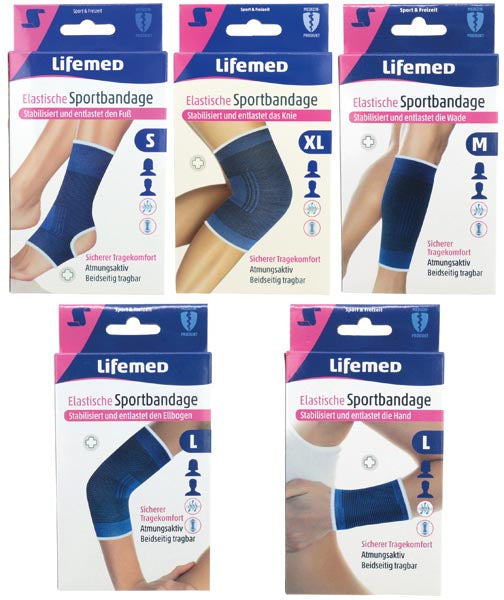 Pansements, bandages sportifs tailles S à XL, assortis.