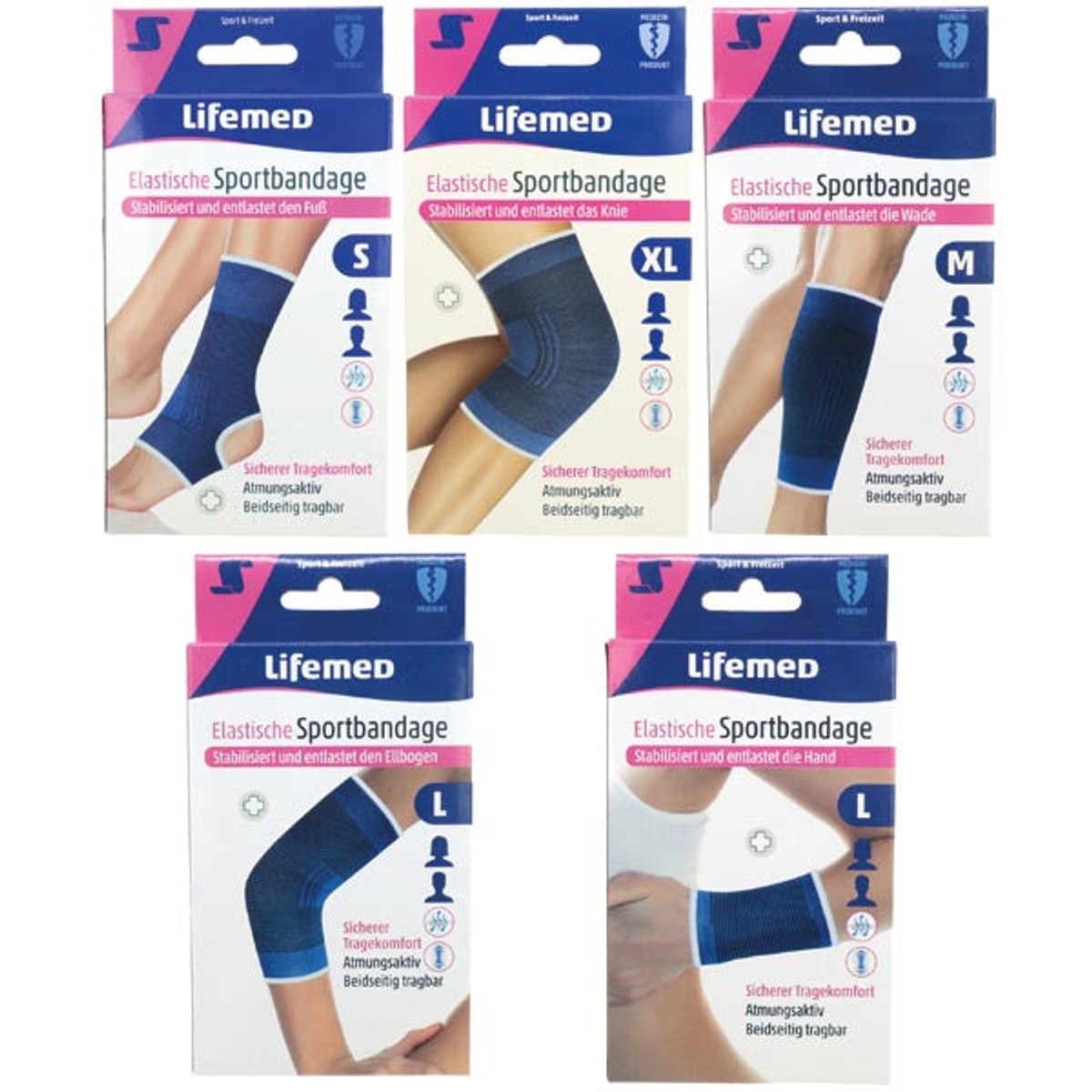 Pansements, bandages sportifs tailles S à XL, assortis.