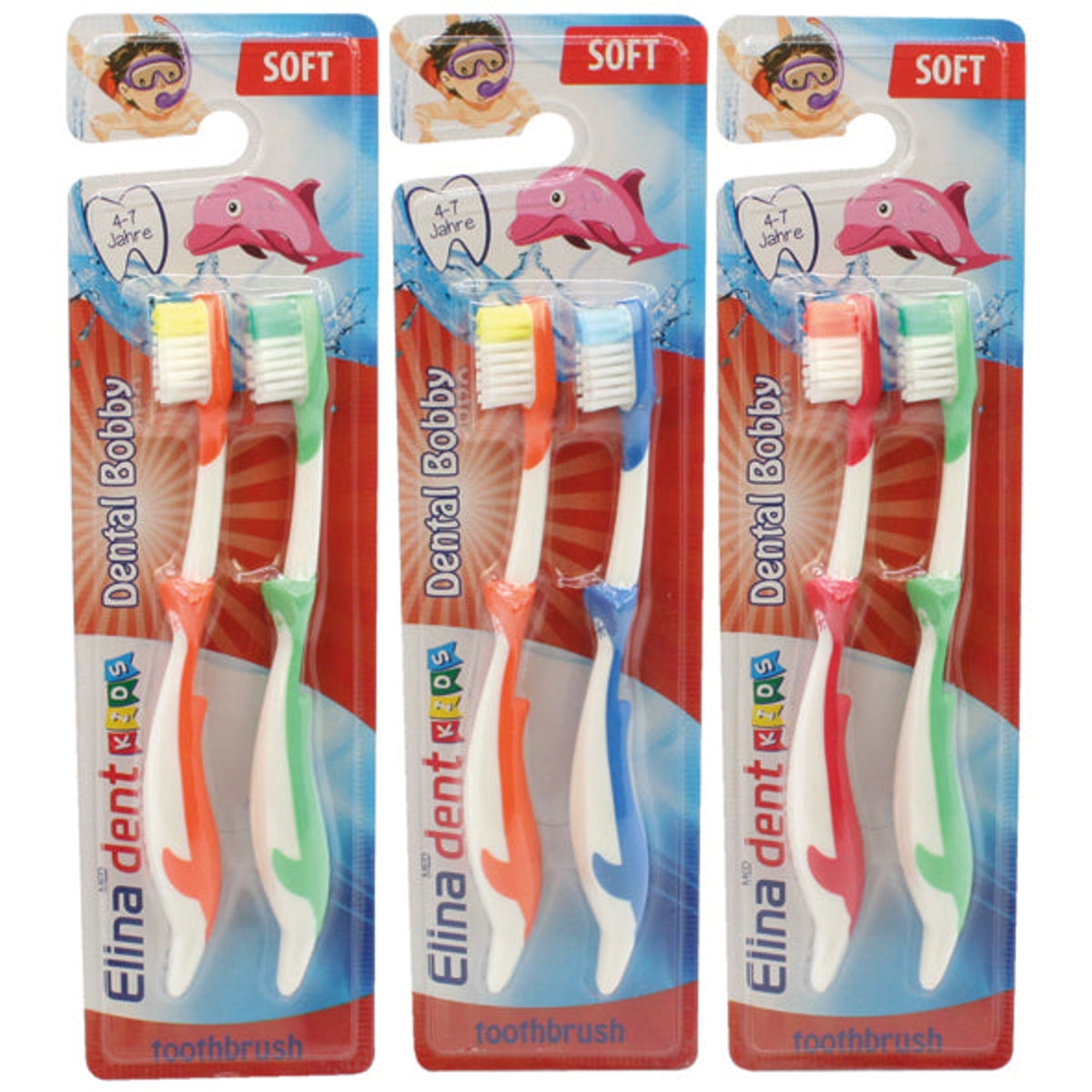 Brosse à dents enfant Elina, lot de 2, motif dauphin sur carte (assortiment)