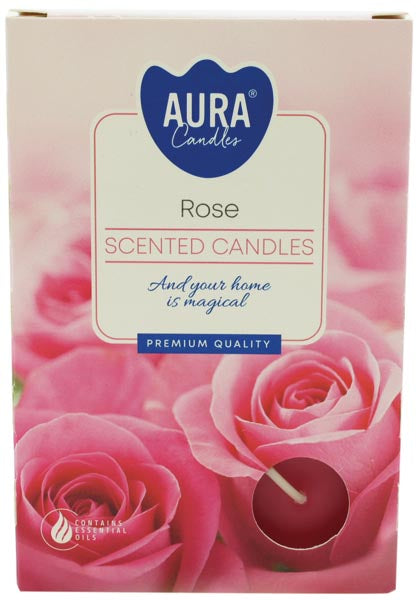 Bougies chauffe-plat parfumées, 6 à la rose, dans une boîte pliante