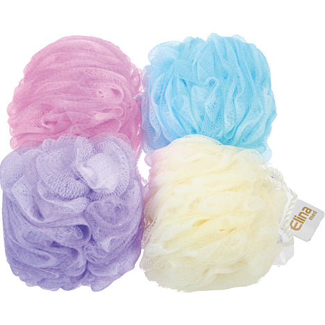 Éponge de bain boule de douche XL 100g assortie en 4 exemplaires.