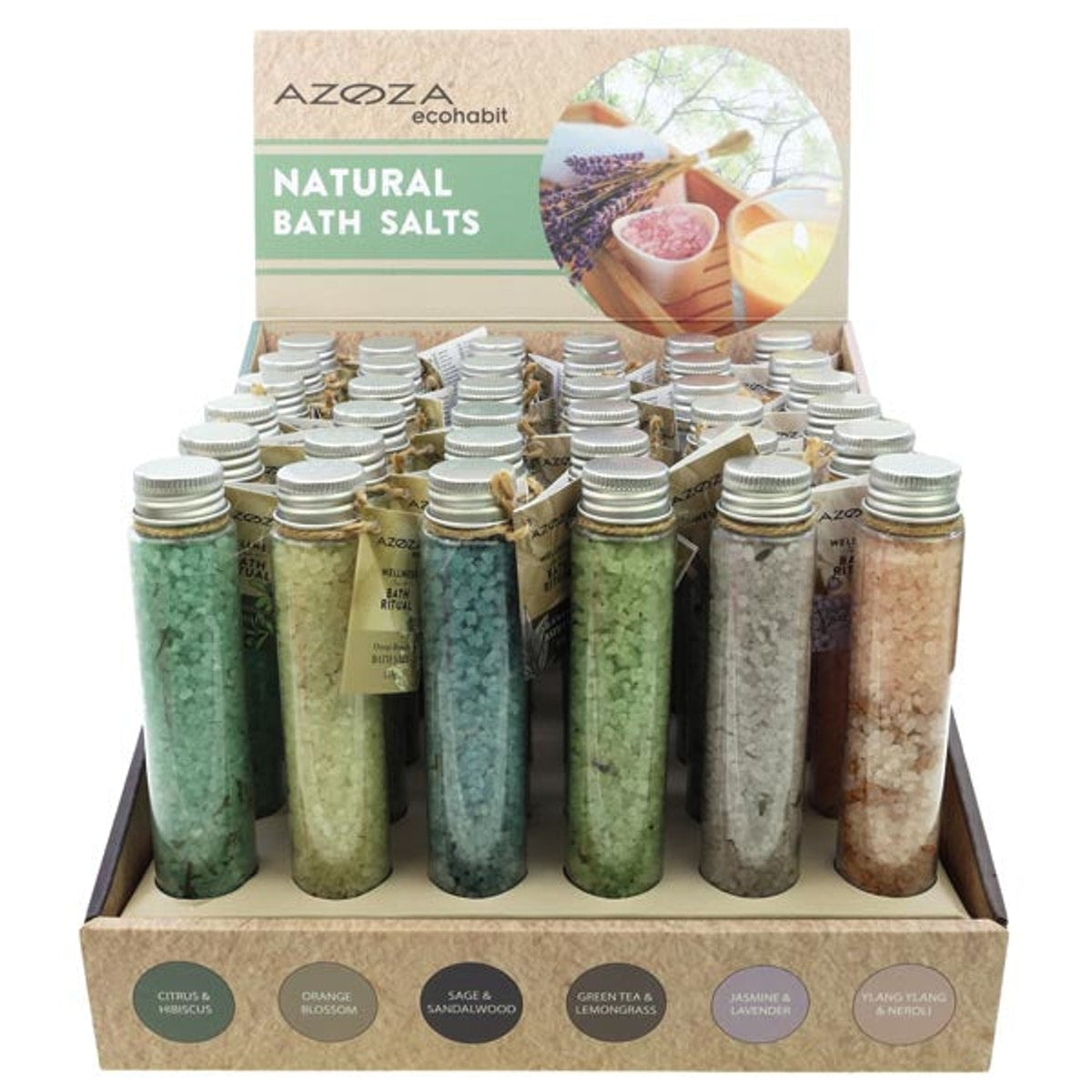 Sels de bain 115 g, présentoir de 36 pièces, 6 variétés