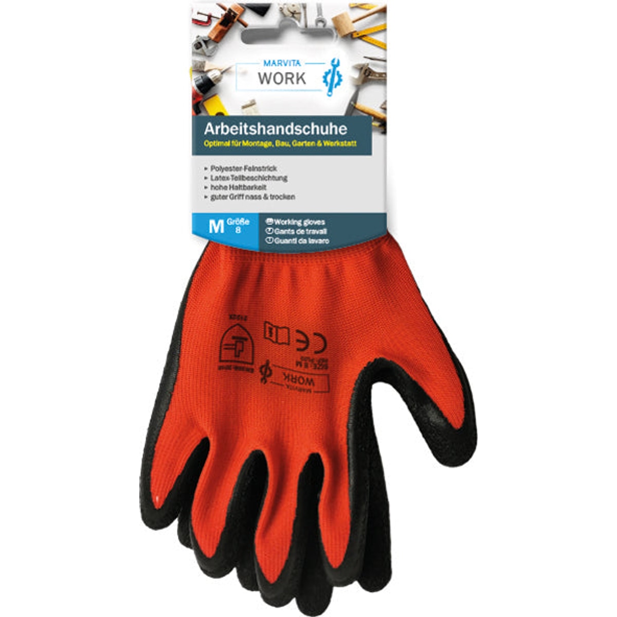 Gants de travail M-XL rouges/noirs en polyester/latex