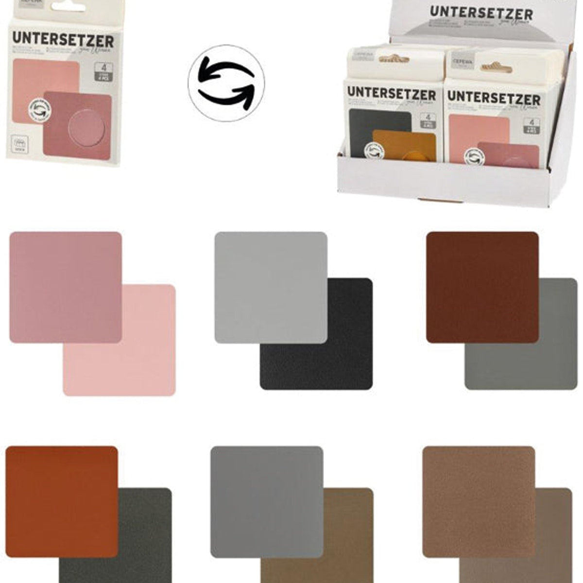 Dessous de verre en PVC, lot de 4 dans une boîte présentoir, 6/s. Matériau : PVC 1,8 mm.