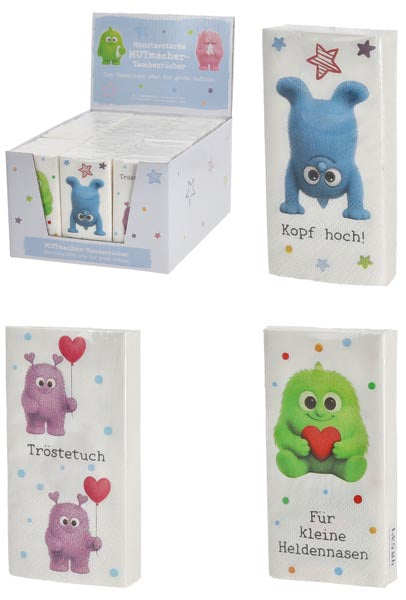 Mouchoirs d'encouragement, paquet de 3, 3 motifs, distributeur de 36 mouchoirs.