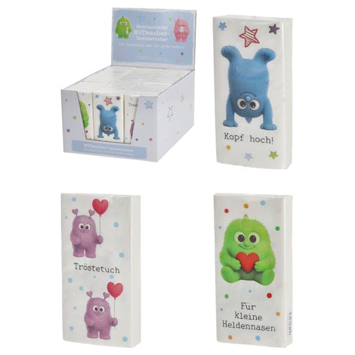 Mouchoirs d'encouragement, paquet de 3, 3 motifs, distributeur de 36 mouchoirs.