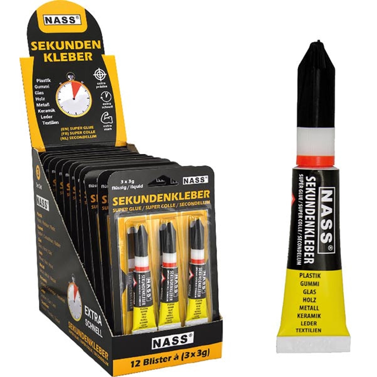 Superglue 3x3g sur carte, 12 lots exposés